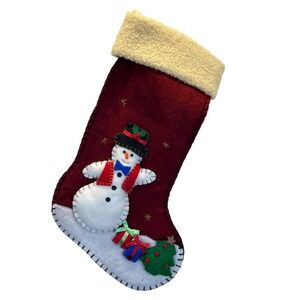Vintage 1999 Red Christmas Stocking 3D Snowman Tree Presents Felt Applique